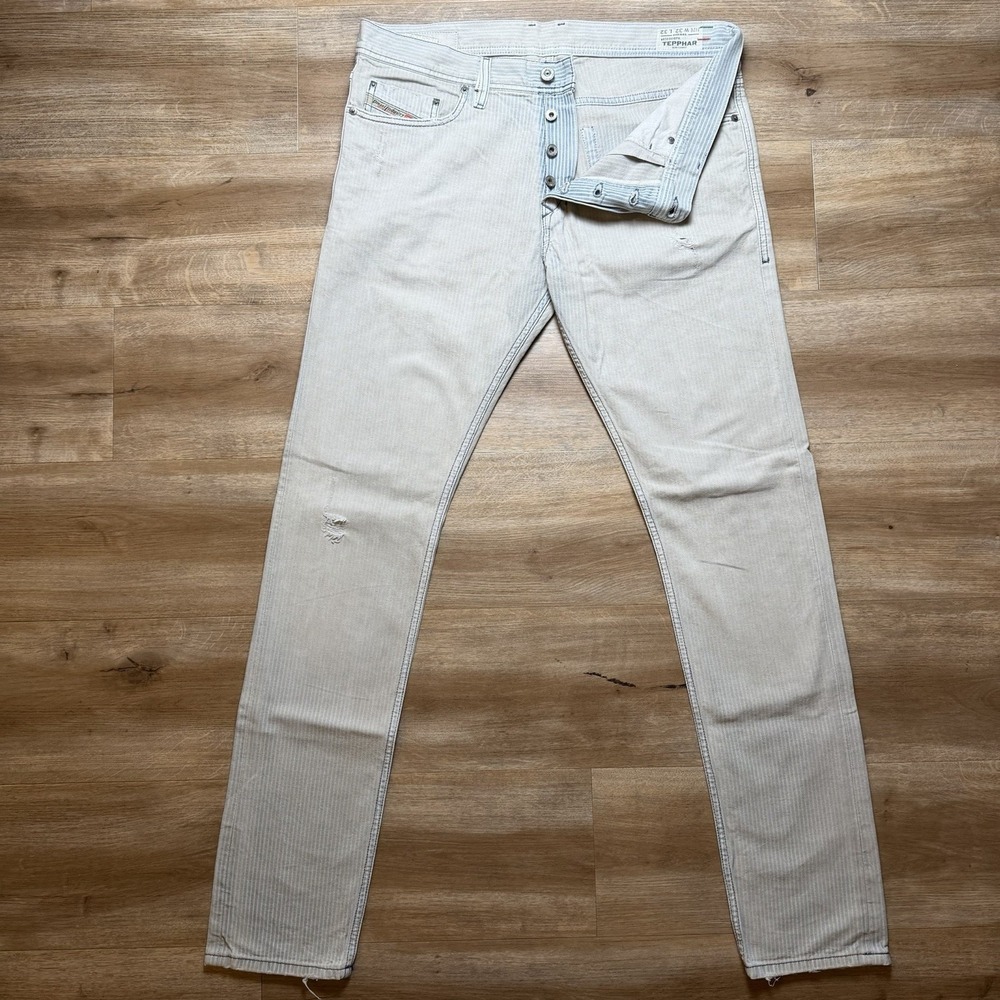 Diesel Tepphar Jeans Men 32x32 Light Gray Slim Carrot Fit Italy Striped 008PK